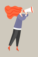 Vector Illustration Of A Young Red-haired Woman Talking By Megaphone