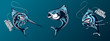 Fishing set of ocean fish. Marlin. Sword fish. Piranha. Marine theme. Ocean fishing background. Logos for fishing club.