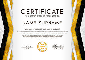 Wall Mural - Certificate template with geometry frame and gold badge. White background design for Diploma, certificate of appreciation, achievement, completion, of excellence, award
