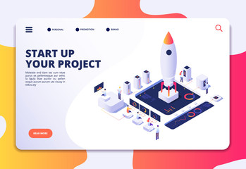 Canvas Print - Startup landing page. Successful project launch, isometric rocket people at dashboard. Creative business, customized vector design. Illustration of rocket startup in business, isometric launch