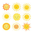 © MicroOne - Sun emoji. Funny summer sunshine, sun baby happy morning emoticons. Cartoon sunny smiling faces vector icons. Illustration of sun heat, emoji and emotion mascot