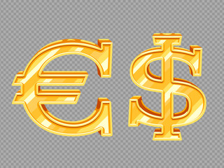 Wall Mural - Golden vector dollar and euro signs isolated on transparent background. Illustration of euro and dollar gold symbols