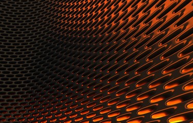 Metal mesh grild. Abstract 3d rendering background in high resolution. 3d render of  black carbon grid with orange light.