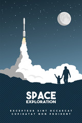 rocket takes off in the starry sky. space research poster. vector illustration.