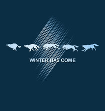 Silhouette Of A Running Snow Wolf. Dark Blue Background. Vector Image. Sticker Emblem. Design For Textiles, Printing On Fabric Or Paper.