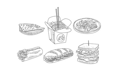 Poster - Vector set of fast food icons. Tasty sandwiches, burrito, box of noodles and pizza. Hand drawn design