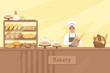 Bakery shop illustration with baker character next to a showcase with pastries. Young man standing behind the counter. Vector store background with design elements set.