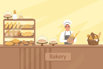 Wall Mural - Bakery shop illustration with baker character next to a showcase with pastries. Young man standing behind the counter. Vector store background with design elements set.