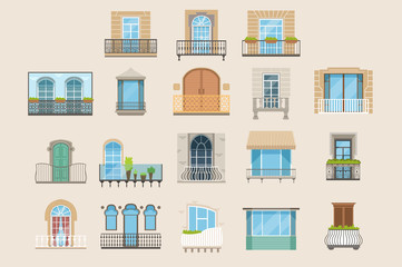 Wall Mural - Set of colorful beautiful balconies. Vintage, modern and decorative forged balconies. Flat vector illustrations, architecture exterior building design element.