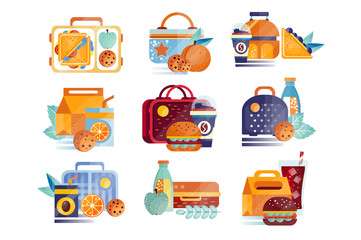 Poster - Vector set of icons with lunch boxes and bags with food and drinks. Hamburgers, sandwiches, cookies, juice, coffee, fruits. Lunchtime or breakfast concept. Flat design