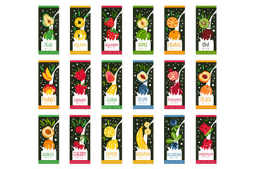 Sticker - Labels for fruits milk. 9 different tastes apple, orange, kiwi, plum, pomegranate, peach, banana, blueberry and watermelon. Flat vector product package design