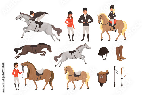 Cuadros en Lienzo Cartoon jockey icons set with professional equipment for horse riding