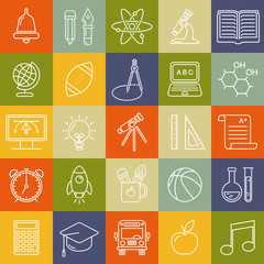 Fototapete - Seamless vector school background. Education pattern with modern line style outline  icons.