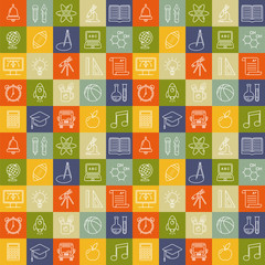 Fototapete - Seamless vector school background. Education pattern with modern line style outline  icons.