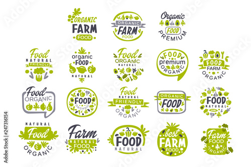 Creative Hand Drawn Gray And Green Design Of Organic Food Logo Set
