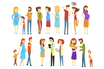 Wall Mural - Set of young families. Cartoon people expecting baby born. Pregnant women. Girl at doctor s reception. Mother, father and child. Parenthood. Flat vector design