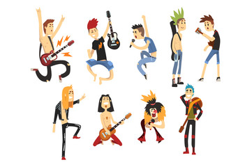 Poster - Cartoon rock artists characters singing and playing on musical instruments. Guys with colorful haircuts. Guitarists and singers. Music band. Flat vector set