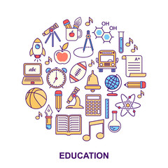 Fototapete - Vector school background. Education pattern with modern line style outline  icons.