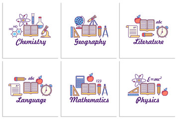 Fototapete - Vector school background. Education pattern with modern line style outline  icons.
