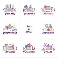 Fototapete - Vector school background. Education pattern with modern line style outline  icons.