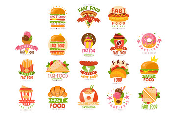 Sticker - Fast food logos set, food and drink menu, burger, hot dog, pizza, taco, coffee, donut, sandwich, ice cream cone vector Illustrations