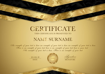 Wall Mural - Certificate template with geometry frame and gold badge. Luxury gold background design for Diploma, certificate of appreciation or award
