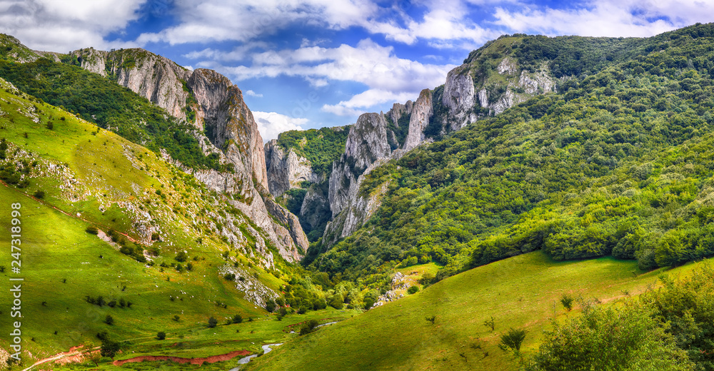 Turda gorge Cheile Turzii is a natural reserve with marked trails for hikes on Hasdate River - obrazy, fototapety, plakaty 