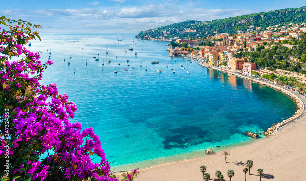 French Riviera coast with medieval town Villefranche sur Mer, Nice region, France - obrazy, fototapety, plakaty 