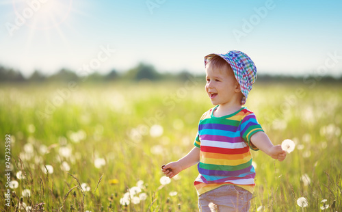 Cuadros en Lienzo Baby boy standing in grass on the fieald with dandelions