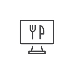 Food ordering computer monitor line icon. linear style sign for mobile concept and web design. Monitor with fork and knife outline vector icon. Symbol, logo illustration. Pixel perfect vector graphics