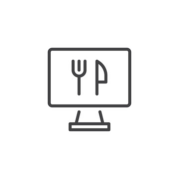 Food ordering computer monitor line icon. linear style sign for mobile concept and web design. Monitor with fork and knife outline vector icon. Symbol, logo illustration. Pixel perfect vector graphics