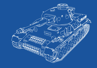 drawing of old military equipment tank on a blue background vector