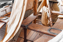 Sailing Rowing Wooden Fishing Boat. Inside View.