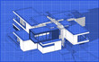 © korisbo - 3d rendering sketch of modern cozy house with garage for sale or rent. Graphics black line sketch with white spot on blueprint background