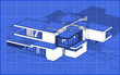 © korisbo - 3d rendering sketch of modern cozy house with garage for sale or rent. Graphics black line sketch with white spot on blueprint background