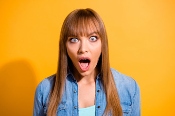 Poster - Close-up portrait of her she nice attractive winsome amazed straight-haired lady opened mouth isolated over bright vivid shine yellow background