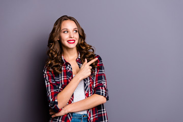 Portrait of nice-looking cute winsome attractive lovely charming pretty cheerful cheery wavy-haired lady pointing aside presentation isolated over gray pastel purple background