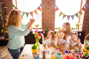 Sticker - Nice charming lovely attractive cheerful positive lady taking making capture embracing cuddling gathering spending custom amusement in house brick loft industrial interior room