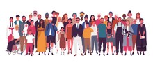 Diverse Multiracial And Multicultural Group Of People Isolated On White Background. Happy Old And Young Men, Women And Children Standing Together. Social Diversity. Flat Cartoon Vector Illustration.