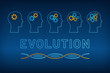 Head silhouette with gear brain evolution concept vector illustration. Face profile with evolving gear mechanism brain, blue, orange dna molecule helix and big sign evolution on tech background