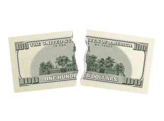 Wall Mural - Fake one hundred USA dollars from back side, green banknote torn into two pieces on white