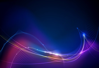 Aufkleber - Illustration Abstract glowing, neon light effect, wave line, wavy pattern. Vector design communication techno on blue background. Futuristic digital technology for web or banner background