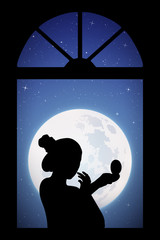 Sticker - Making makeup near window on moonlit night. Vector illustration with silhouette of girl with mirror. Full moon in starry sky