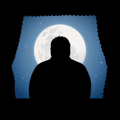 Sticker - Man looks out window on moonlit night. Vector illustration with silhouettes of man and wavy curtains. Full moon in starry sky