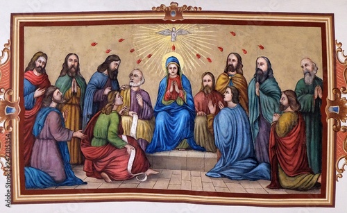 Pentecost, the descent of the Holy Spirit, fresco in the church of Saint Matt...