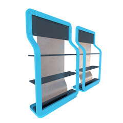 Showcase Displays Retail Shelves Stand. Trade show booth. 3d render illustration isolated on white background. Template mockup for your design.