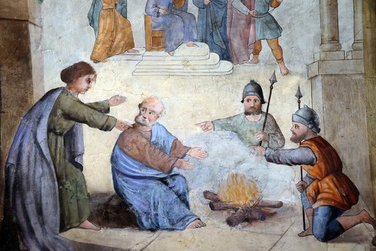 Peter denies Jesus before the rooster crows three times, fresco in the church of Saint Matthew in Stitar, Croatia