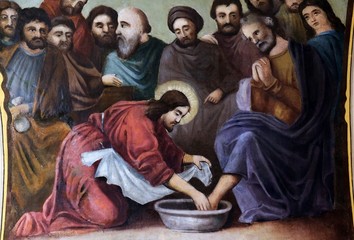 jesus washes the feet of peter, fresco in the church of saint matthew in stitar, croatia