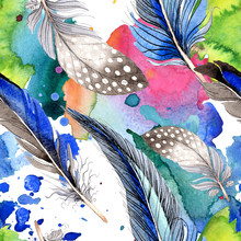 Watercolor Blue And Black Bird Feather From Wing Isolated. Seamless Background Pattern. Fabric Wallpaper Print Texture.