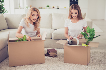 Wall Mural - Two nice cute attractive lovely winsome charming blonde cheerful cheery ladies opening boxes with things new life mortgage relocation in light white interior room house indoors